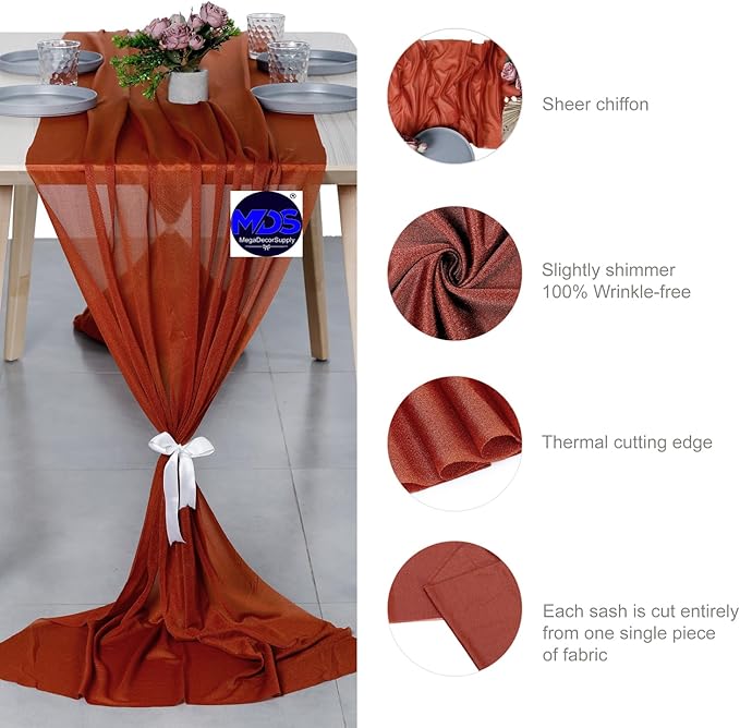 MDS 20 Pack 10ft Chiffon Table Runner 29 x 120 Inches Sheer Wedding Runner Romantic Rustic Table Runner for Wedding Decorations, Birthday Parties, Bridal Shower Party Arch Decor - Terracotta