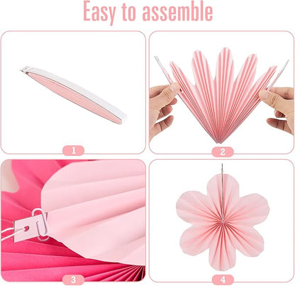 Easy Joy Hot Pink Paper Flowers Decorations for Wall Pink Paper Fans Classroom Decoration Paper Floral Backdrop Decor Paper Fans Decoration Hanging Paper Fans Pink Flower Wall Decor, Set of 9