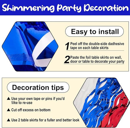 6 Pack 29 x108 Inch White Blue Red Wave Foil Fringe Table Skirts Metallic Banner for Tinsel Streamer Garland Backdrop for Parade Floats, Mother's Day, Easter, Wedding, Birthday Party Decoration