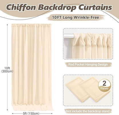 10ft x 10ft Champagne Backdrop Curtains, Wrinkle-Free Sheer Chiffon Fabric Photo Backdrop Drapes for Wedding Arch Party Ceremony Stage Photography Decorations