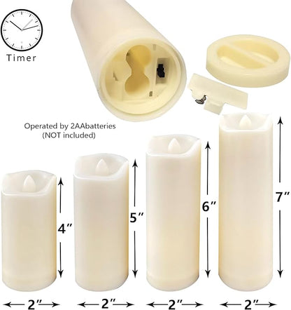 QIDEA 2”X4” Outdoor Waterproof Flameless Candles with Timer, Battery Operated Flickering Led Pillar Candles, Electric Plastic Fake Candles for Home Garden Wedding Halloween Xmas Decorations 4 Pack