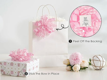 HUIHUANG Pink Gift Bows Self-Adhesive Curly Ribbon Bow 5 inch x 8 Counts Light Pink Bow for Gift Wrapping, Presents, Paper Bag, Baby Shower Favors, Wrapping Accessories, Party Decor