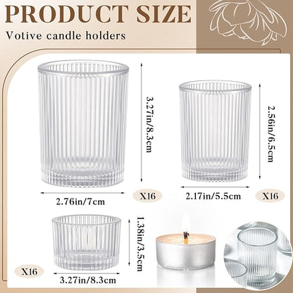 Mumufy 48 Pcs Assorted Votive Candle Holders Ribbed Glass Tealight Candle Holder Bulk for Table Centerpiece, Baby Shower, Home and Wedding Party Decoration (Clear)