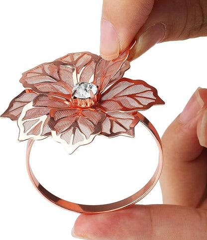 KPOSIYA Hollow Out Flower Napkin Ring Holder Metal Napkin Rings Set of 20 for Wedding Party Holiday Banquet Christmas Dinner Delicate Serviette Buckles Decor Favor (20, Flower-Rose Gold)