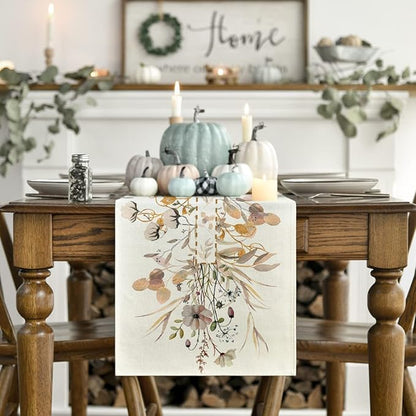 Artoid Mode Wildflower Leaves Floral Fall Table Runner, Autumn Thanksgiving Kitchen Dining Table Decoration for Indoor Outdoor Home Party 13x60 Inch