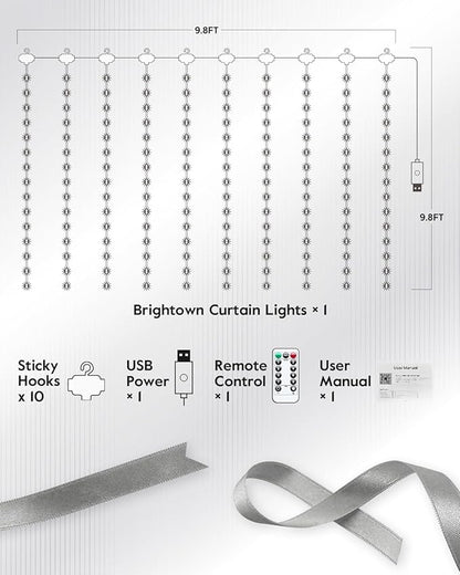 Brightown Smart Curtain String Lights - 9.8ft 300 LED Fairy Light with APP Remote, 8 Modes, USB Powered Waterproof Christmas for Bedroom Wedding Party, White