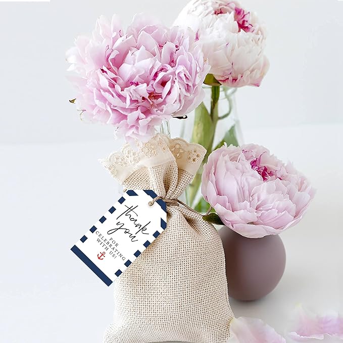Andaz Press 100-Pack Thank You for Celebrating with Us Favor Tags Nautical Beach Cardstock Gift Tags with Bakers Twine for Wedding Baby Shower Bridal Shower Birthday Party Favors 2 x 3.75-Inches