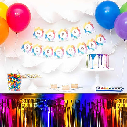 3 Pack Rainbow Foil Fringe Table Skirts Metallic Tinsel Streamers Garland Banner Backdrop for Table Decor, Parade Float, Birthday, Wedding, Halloween, Christmas Party Decorations(29x108 In)