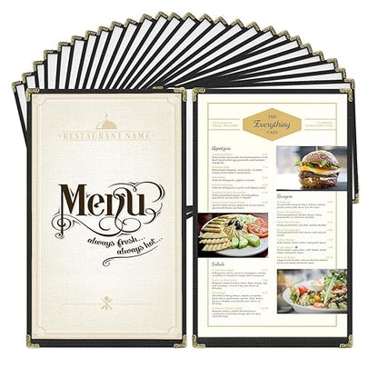 Goodsmart Restaurant Menu Covers – 25 Pack Black 2-View, Top-Loading Menu Holders, Vinyl & Plastic Café Menu Covers, Clear Menu Sleeves, Fits 8.5" x 14", Leather-Style Design, Gold Corners