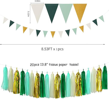 Sage-Green Beige-Gold Baby Bridal-Shower Decorations - 30pcs Rustic Wedding Tissue Pom Poms,Tassel Garland Banner,Birthday Gender Reveal Bachelorette Engagement Party Decor Bunting Lasting Surprise