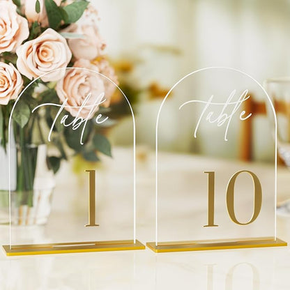 Arch Wedding Table Numbers 1-10 with Stands, Elegant Gold Number 5.5 x 7” Arch Acrylic Signs with Holders, Clear Acrylic Table Numbers for Wedding Reception, Anniversary, Party, Events