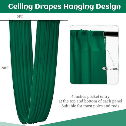 6 Panels Emerald Green Wedding Ceiling Drapes 5ftx20ft Ceiling Drapes Chiffon Fabric Arch Draping Sheer Curtains Soft Drapery Draping Wedding Ceiling Decorations for Party Ceremony Stage Swag