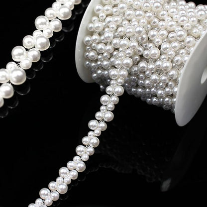 1 Yard Pearl Trim Chain String Silver Applique Fringe Ribbon Strips Beads Sewing Dress DIY Party Wedding Bouquet for Decoration Bridal Costume Embellishment