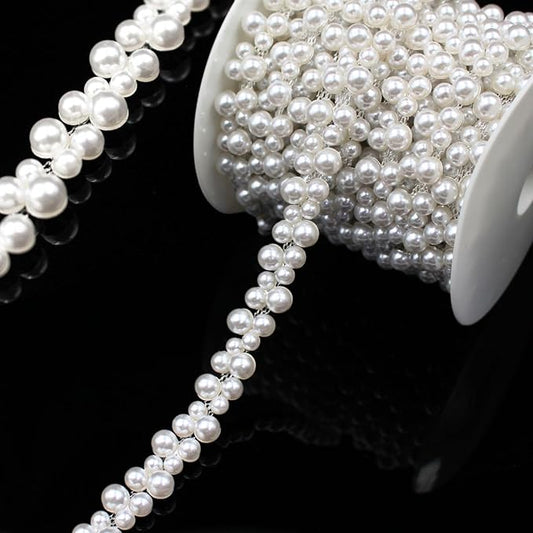 1 Yard Pearl Trim Chain String Silver Applique Fringe Ribbon Strips Beads Sewing Dress DIY Party Wedding Bouquet for Decoration Bridal Costume Embellishment