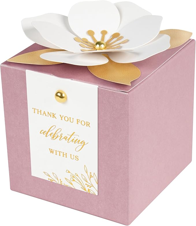 FEIYI 20 PCS Dusty Rose Gift Boxes, 3 In 1 Favor Boxes with Floral Decor, White Thank You Tags Cupcake Containers Gift wrapping for Wedding, Baby Shower, Birthday, Decorations Party - 3.55x3.55x3.55