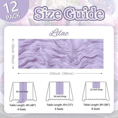 12 Pack Lilac Purple Cheesecloth Table Runner 10ft Boho Gauze Fabric Cheese Cloth Table Runner 35 x 120 Inch Rustic Sheer for Romantic Wedding Decor Baby Shower Party Table Centerpiece Decoration
