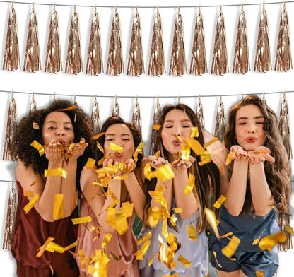 3P Metallic Fringe Tassel Banner Garland Foil Tinsel Streamer Wall Hanging Curtain Backdrop Banner for Parade Floats, Graduation Decorations, Wedding Party Decoration(Champagne Gold)