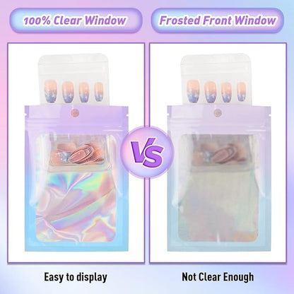 Funfery 100 Pack Gradient Holographic Bags,Mylar Resealable Bag with Zipper,Clear Window Packaging Pouch,Smell Proof Bags for Food Storage,Sample Jewelry Baggies(5.5x7.9In,Purple Blue)