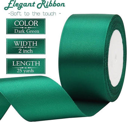 Dark Green Solid Satin Ribbon 2 Inch 25 Yards Solid Polyester Fabric Ribbon for Gift Wrapping Wedding Christmas Baby Shower Birthday Party Decoration Handmade Immortal Flower Craft