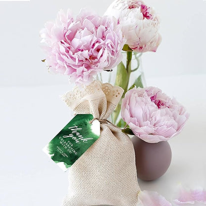 Andaz Press 100-Pack Personalized Thank You for Celebrating with Us Wedding Favor Tags with Bakers Twine Emerald Green Watercolor Custom Cardstock Wedding Gift Tags for Party Favors 2 x 3.75-Inches