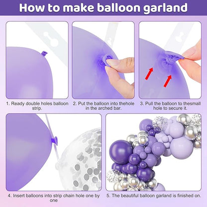 Amandir 153pcs Purple Balloon Garland Arch Kit, Different Sizes 18 12 10 5 inch Lavender Latex Metallic Confetti Silver Balloons for Girls Women Wedding Birthday Baby Shower Party Decorations Supplies