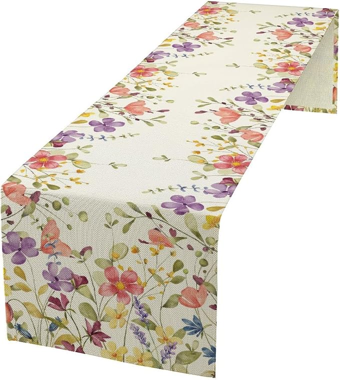 Floral Table Runner,Flowers Plant Print Spring Table Runner for Kitchen Dining Table Decoration for Home Party Decor 13x36 Inch