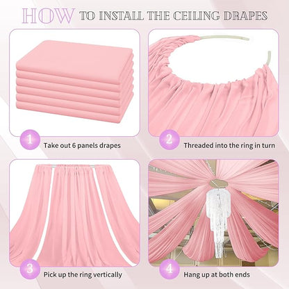6 Panels Dusty Rose Ceiling Drapes for Wedding 5ftx30ft Chiffon Fabric Arch Draping Curtains Sheer Drapery for Party Ceremony Birthday Baby Shower Reception Stage Swag Ceiling Decorations
