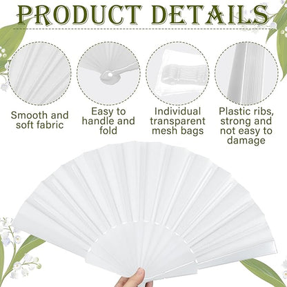 Wenqik 120 Pcs Wedding Folding Hand Fans Bulk Silk Fabric Chinese Handheld Foldable Clack Fans with Plastic Ribs for Party, Wedding Gifts, Line Dancing, Home Decorative (White)