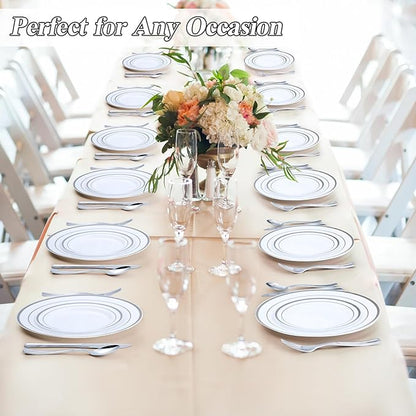 100PCS Silver Plastic Plates Set, 50 10.25 inch Dinner Plate and 50 7.5 inch Dessert Plates, Premium Disposable Plates for Party, Wedding
