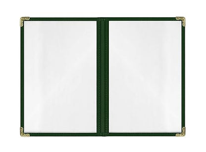 Goodsmart Restaurant Menu Covers – 25 Pack Green 4-View, Side-Loading Menu Holders, Vinyl & Plastic Café Menu Covers, Clear Menu Sleeves, Fits 5.5" x 8.5", Leather-Style Design, Gold Corners