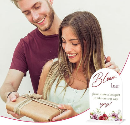 Bloom Flower Bar Sign for Wedding Bridal Shower Bouquet Bar Decor Sign Stuff Acrylic Arch Wedding Bridal Shower Baby Shower Welcome Table Signs for Ceremony and Reception 7 x 5 Inches