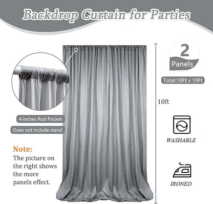 10 x 10 Feet Grey Backdrop Curtain for Partie, Background Curtains for Photoshoot, Birthday, Wedding, Halloween, Thanksgiving, Christmas Day, New Year Party Decorations 5Ft x 10Ft, 2 Panels
