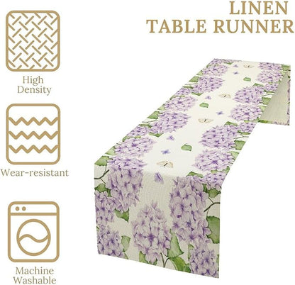 Watercolor Hydrangea Flower Table Runner, Spring Summer Seasonal Plants Butterfly Pink Lavender Dinner Runner for Home Kitchen Dining Table Party Holiday Decoration 13"x60"