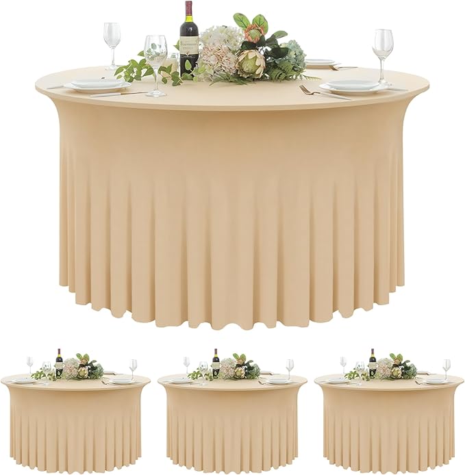 4 Pack Champagne Spandex Round Tablecloths for 60inch Tables,120inch Stretch Fitted 5ft Table Cloth,Wrinkle Free Rund Table Covers with Skirt for Banquet Wedding Birthday Parties