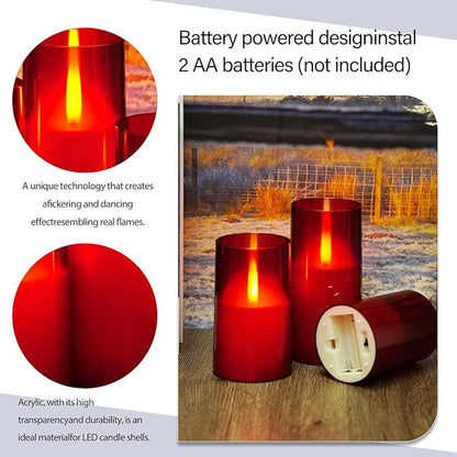 Flameless LED Candles, Upgraded Realistic Flickering Flame Pillar Battery Operated Candles with Remote Timer, Acrylic Electric Set of 3 for Home Decoration and Holiday Celebrations（Red）