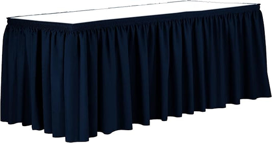 Ultimate Textile Pleat Polyester Fabric Table Skirt - Machine Washable Flame Resistant with Clips for Events, Weddings & Trade Shows, Cut & Sewn in Paterson, NJ - Navy, 14' Shirred Pleat