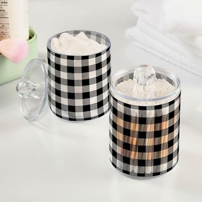 Gredecor Qtip Holder Dispenser 4 Pack Black White Classic Buffalo Plaid Apothecary Jars with Lids Bathroom Vanity Countertop Canister Storage Organizer for Cotton Ball,Swabs,Pads,Floss