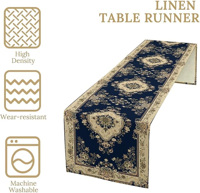 Vintage Elegant Farmhouse Table Runner Blue Beige Flower for Home Farmhouse Kitchen Table Dining Coffee Room Garden Party Wedding Decor 13x36in