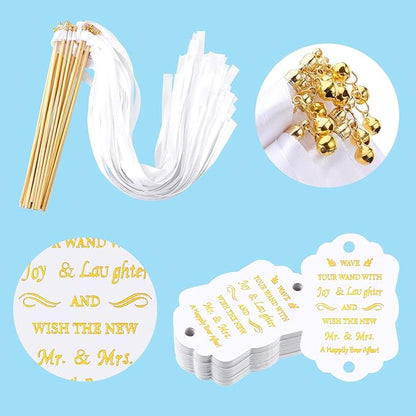 Junkin 100 Pcs Wedding Wands Streamers with Bells Set, 50 White Wedding Send Off Ribbon Streamers Sticks and 50 Favor Tags for Bridal Baby Shower Anniversary Holiday Send Off Party Activities Favors