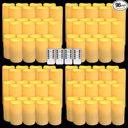 Set of 96 Waterproof Outdoor Flameless Candles, LED Candles with 4 Remote and Timer,(H 4" 5" 6" x D 2.2"),for Halloween Wedding Festival