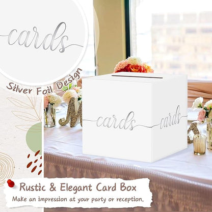 QIKSION White Wedding Card Box, Silver Foil Gift Card Box for Party, Wedding Reception, Graduation, Birthday, Baby Shower, Raffle