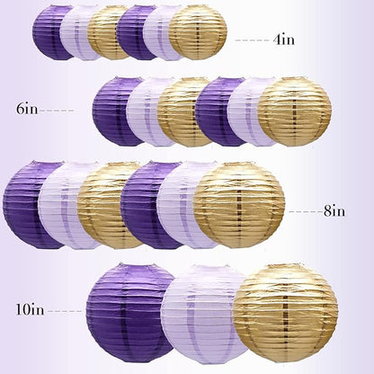 ADLKGG Paper Lanterns Decorative, Round Hanging Lanterns Party Supplies for Graduation Bachelorette Gender Neutral Baby Shower Birthday Party Decorations Purple/Lavender/Gold 21pcs