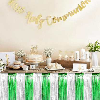 6 Pack 29x108 Inch Silver Green Metallic Foil Fringe Tinsel Table Skirts for Rectangle Tables Streamer Curtains Backdrop for Birthday, Parade Floats, Mardi Gras, St Patrick Day Party Decoration