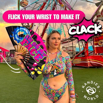 Kandies World Custom Festival Folding Hand Fan - Unique Designs, Made of Bamboo, Clacking Sound, Lightweight - Perfect Rave and Festival Accessory!