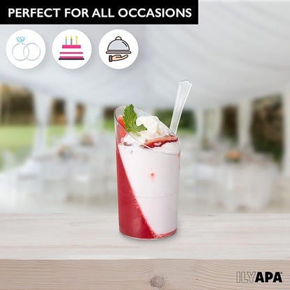 Ilyapa 3oz Plastic Dessert Cups - 100 Pack Mini Dessert Cups with Spoons - Clear Reusable Small for Cheesecake Shooters, Chocolate Mousse, Parfait - Party and Catering Supplies - Slanted