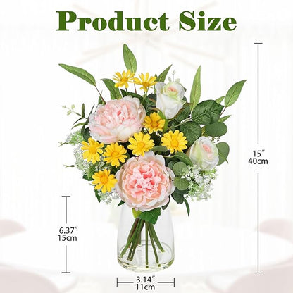 Briful Artificial Flowers in Vase, Mixed White Rose Pink Peony Yellow Daisy and Greenery Leaf Floral Arrangements, Fake Flowers in Glass Vase with Faux Water, Home Wedding Patio Centerpiece Decor