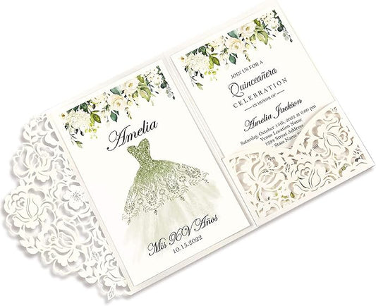 DORIS HOME 50pcs Laser Cut Quinceanera Invitations Green and Ivory White, 4.7x7.1 Personalized Quince Invitations for 15th Birthday, Invitation cards for Sweet 16 with Envelopes