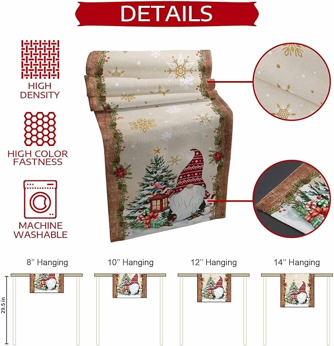 Christmas Gnomes Cotton Linen Table Runner for Dining Kitchen, Xmas Pine Tree Snowflake Rustic Wedding Outdoor Party Tablerunners Decoration, Retro Wood Dresser Scarf Tablecloth Runners 13x48 Inches