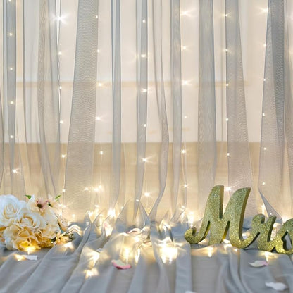 Silver Grey Tulle Backdrop Curtain with Lights String for Parites 10x10ft Sheer Backdrop Curtains for Birthday Party Bridal Shower Baby Shower Wedding Ceremony Prom Photo Booth Background Decorations