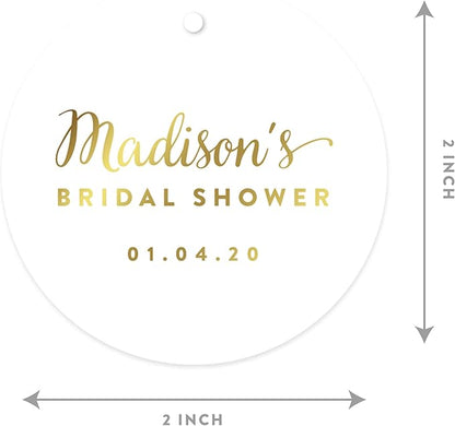 Andaz Press Personalized Round Circle Wedding Gift Tags, Metallic Gold Ink, Bridal Shower, 24-Pack, Custom Made Any Name
